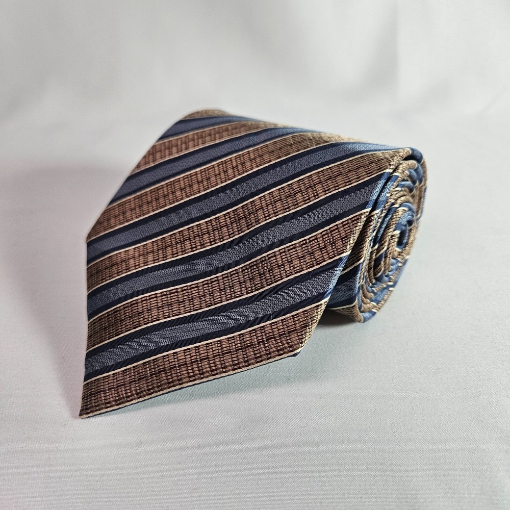 Kenneth Cole 100% Silk Hand Made Tie Gray Gold‎ Stripes 4" x 58"